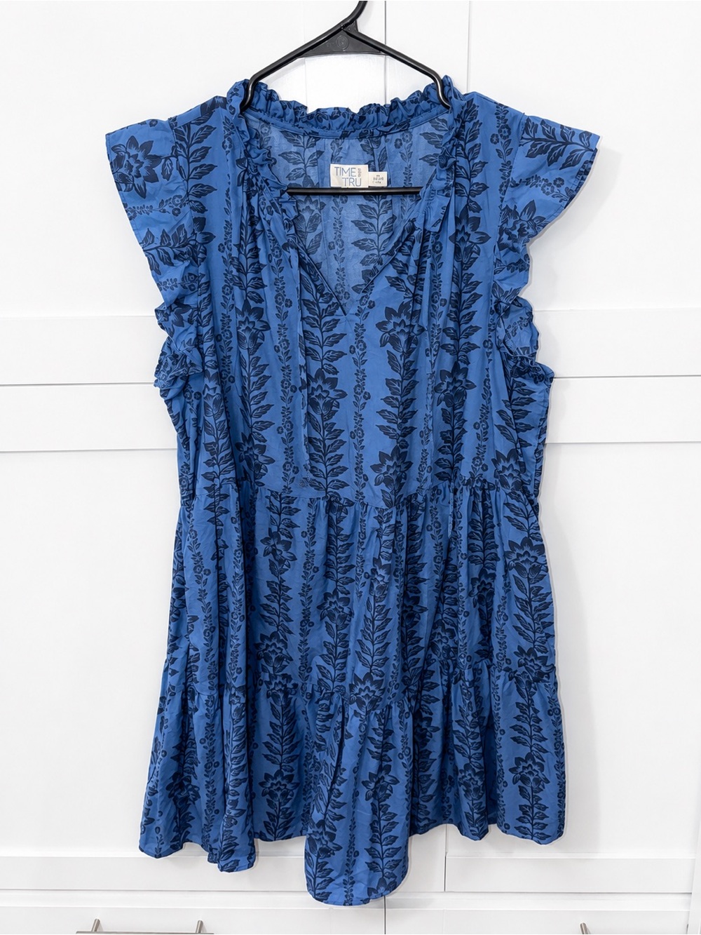 Time and Tru Blue Floral Print Ruffle Cap-Sleeve Dress